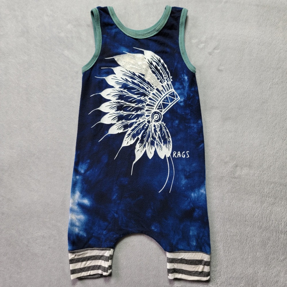 Rags to Raches Kids Blue Tie Dye Headdress Graphic Romper 6-12 Months Sleeveless
